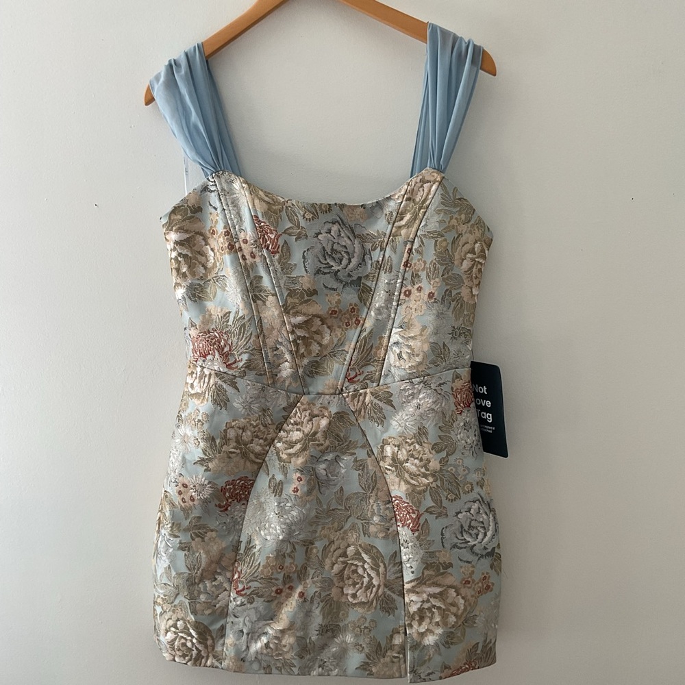 Lulus Captivating Personality Light Blue Floral Jacquard Bustier Mini Dress NWT - Picture 6 of 15